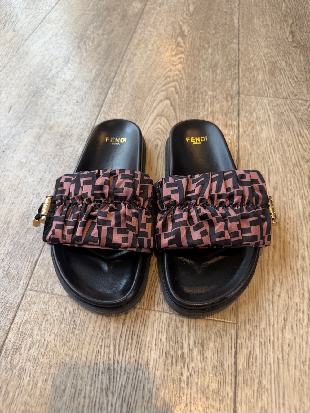 Fendi Black & Dusty Rose Monogram Ruched Logo Slide Sandals